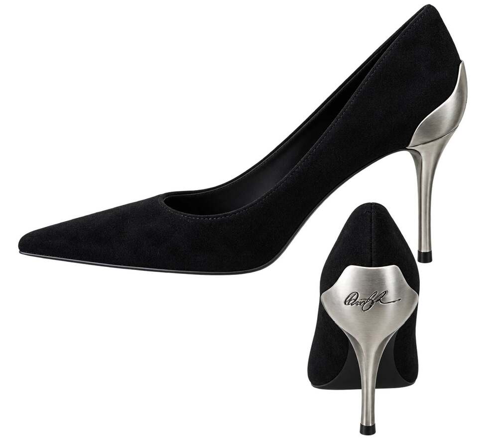 Donald Pliner Black Suede Leather Shoe Pump New Silver Metal Heel $350 NIB Sz 5